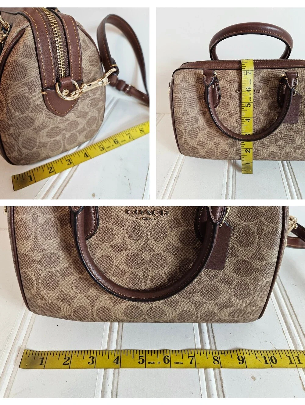 Coach Satchel OS Rowan Signature Canvas Crossbody Top Handle Gold Tan Brown